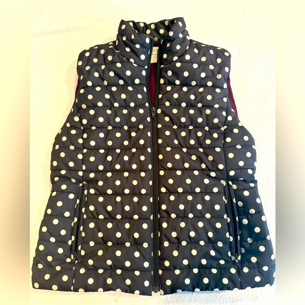 Ann Taylor Loft puffer vest Black with White dots, Eggplant Inside, Sz Small